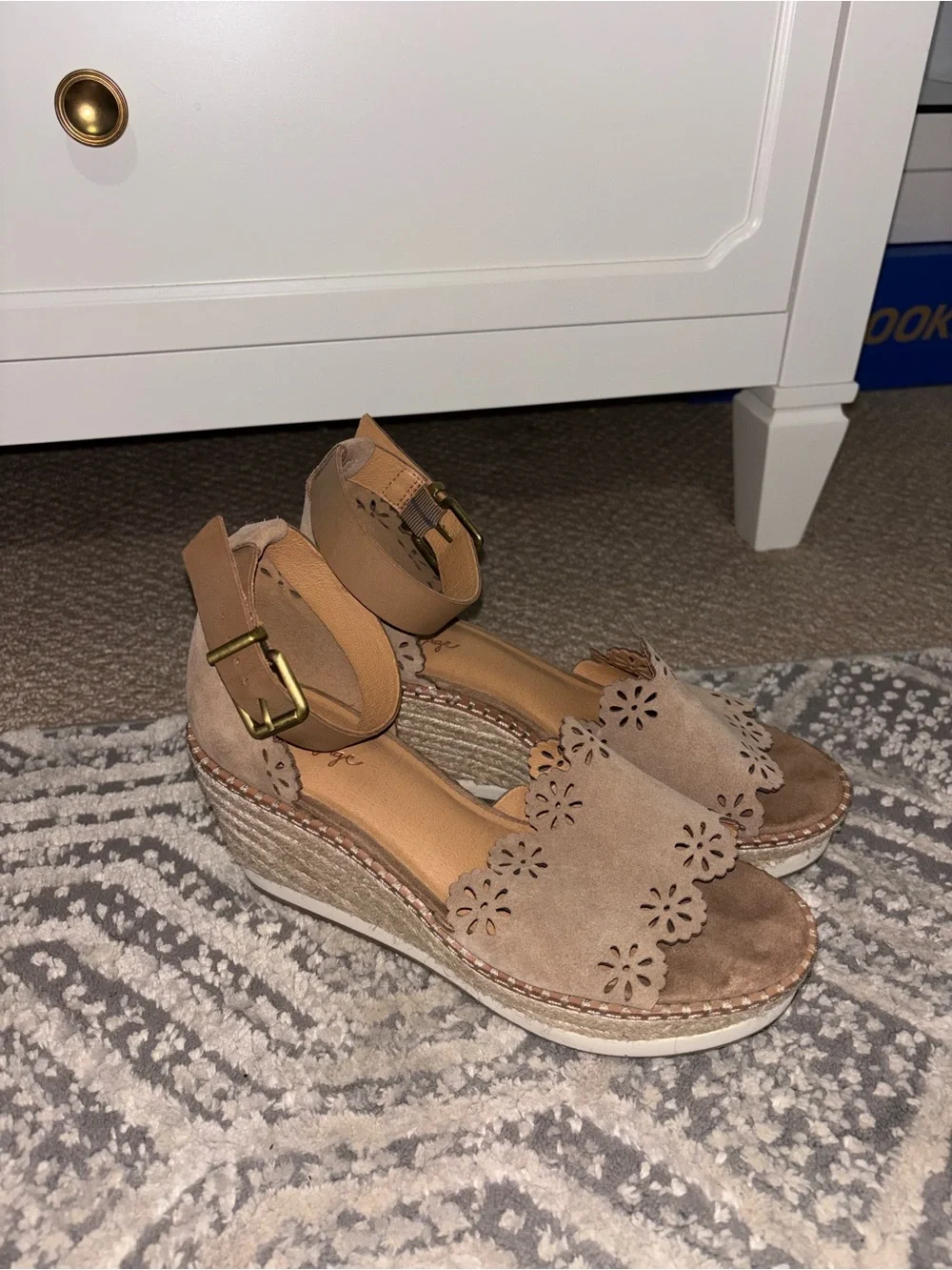 Crown Vintage Tan Suede Floral Cutout Espadrille Wedge Sandals